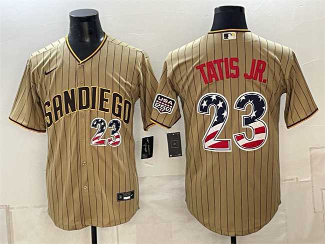 Mens San Diego Padres #23 Fernando Tatis Jr. Tan USA 250 Fourth of July Home Stitched Jersey Dzhi