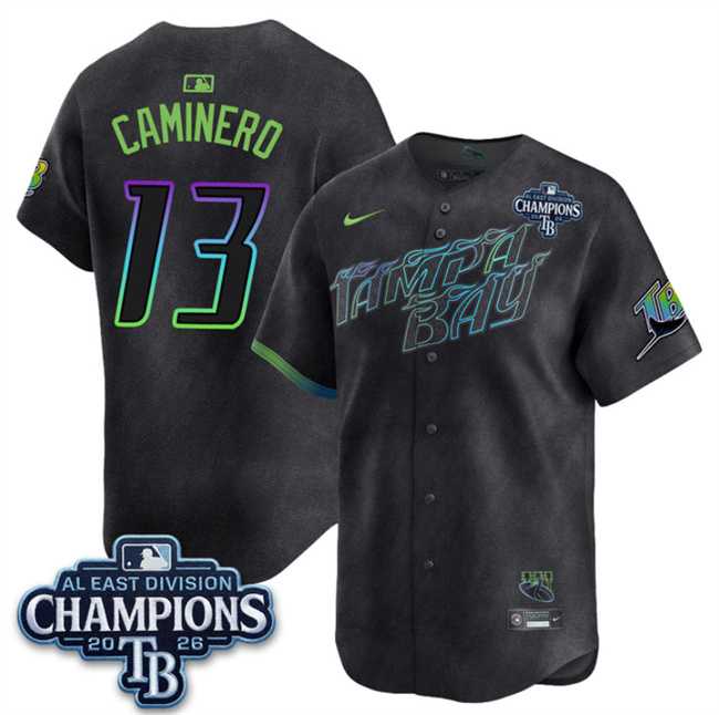 Mens Tampa Bay Rays #13 Junior Caminero Charcoal 2026 AL East Champions Patch City Connect Limited Stitched Jersey Dzhi->->MLB Jersey