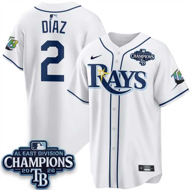 Mens Tampa Bay Rays #2 Yandy Diaz White 2026 AL East Champions Patch Limited Stitched Jersey Dzhi