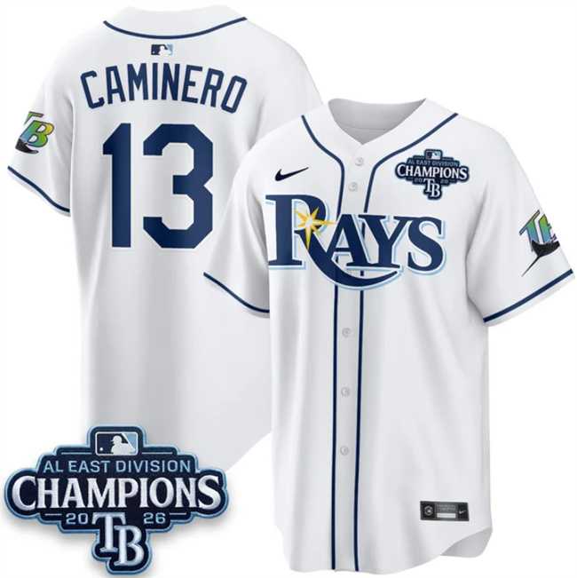 Mens Tampa Bay Rays #13 Junior Caminero White 2026 AL East Champions Patch Limited Stitched Jersey Dzhi->->MLB Jersey