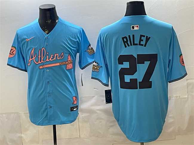 Mens Atlanta Braves #27 Austin Riley Blue 2024 Atliens & Peach With Outkast Patch Vapor Limited Stitched Jersey Dzhi