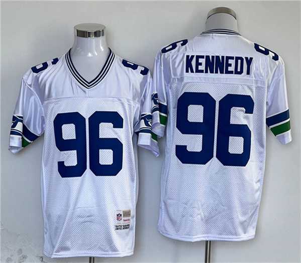 Mens Seattle Seahawks #96 Cortez Kennedy White Throwback Stitched Football Jersey