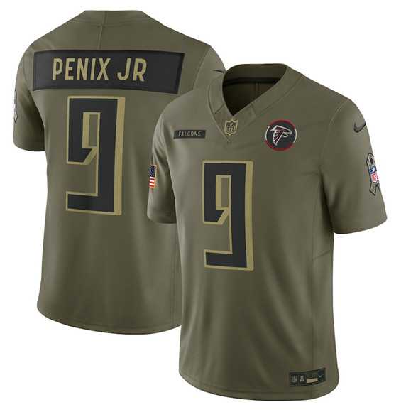 Mens Atlanta Falcons #9 Michael Penix Jr. Olive 2025 Salute to Service Limited Stitched Jersey Dyin