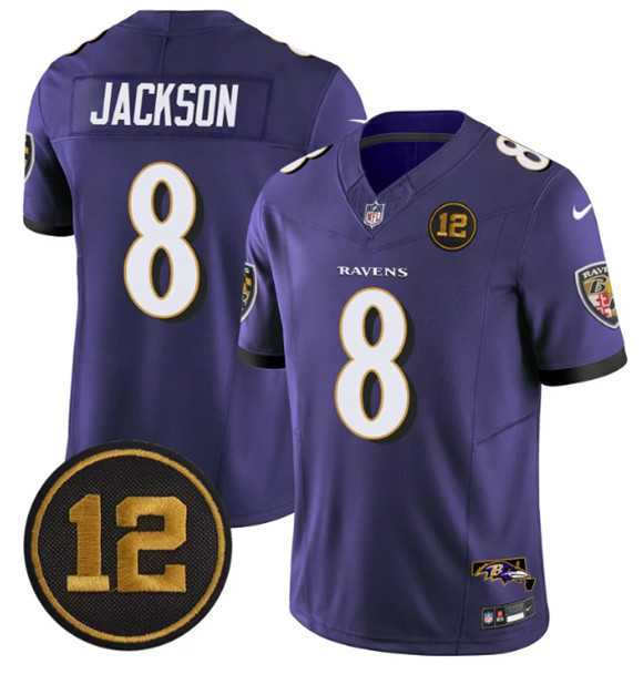 Mens Baltimore Ravens #8 Lamar Jackson Purple 2025 F.U.S.E Jacoby Jones Patch Vapor Limited Jersey Dzhi