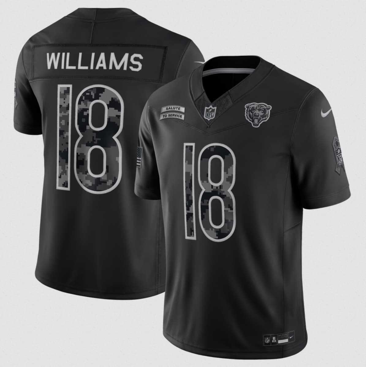 Mens Chicago Bears #18 Caleb Williams Black 2026 F.U.S.E. Salute to Service Limited Stitched Jersey