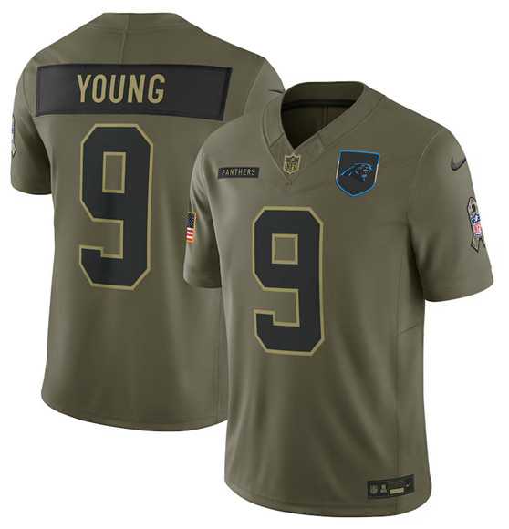 Mens Carolina Panthers #9 Bryce Young Olive 2025 Salute to Service Limited Stitched Jersey Dyin