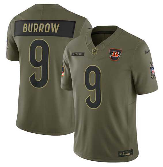 Mens Cincinnati Bengals #9 Joe Burrow Olive 2025 Salute to Service Limited Stitched Jersey Dyin