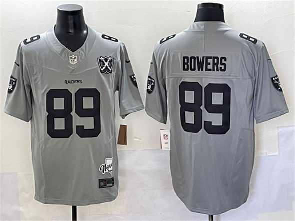 Mens Las Vegas Raiders #89 Brock Bowers Gray 2024 F.U.S.E With Nevada Silver Stat Patch And 65th Anniversary Patch Stitched Football Jersey