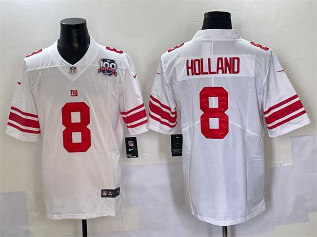 Mens New York Giants #8 Jevon Holland White 2025 With 100th Season Patch Vapor Untouchable Limited Stitched Jersey