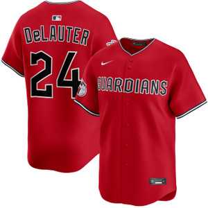 Mens Cleveland Guardians #24 Chase DeLauter Red Cool Base Stitched Jersey Dzhi