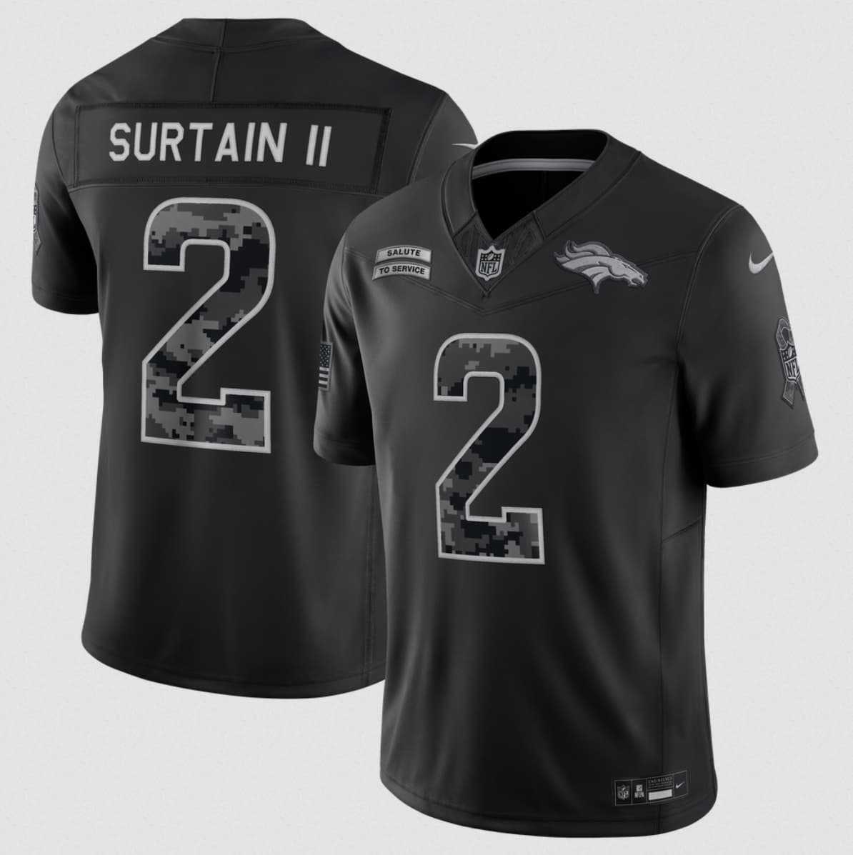 Mens Denver Broncos #2 Pat Surtain II Black 2026 F.U.S.E. Salute to Service Limited Stitched Stitched Jersey
