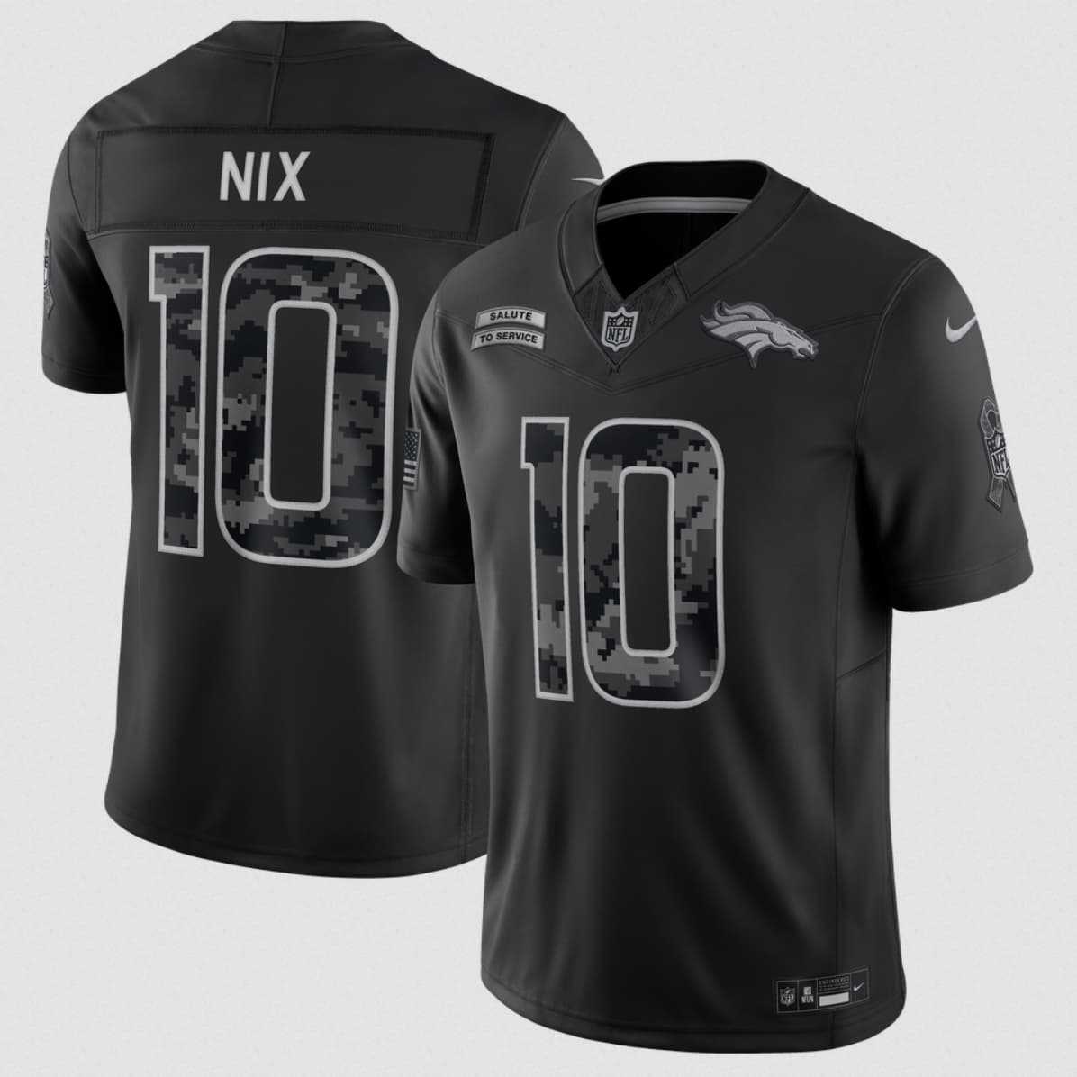 Mens Denver Broncos #10 Bo Nix Black 2026 F.U.S.E. Salute to Service Limited Stitched Stitched Jersey