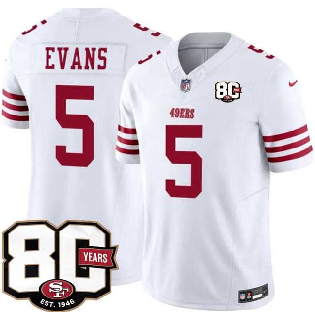 Mens San Francisco 49ers #5 Mike Evans White 80th Anniversary Patch 2026 F.U.S.E. Vapor Untouchable Limited Stitched Jersey Dzhi