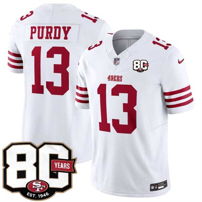 Mens San Francisco 49ers #13 Brock Purdy White 80th Anniversary Patch 2026 F.U.S.E. Vapor Untouchable Limited Stitched Jersey Dzhi