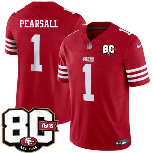 Mens San Francisco 49ers #1 Ricky Pearsall Red 80th Anniversary Patch 2026 F.U.S.E. Vapor Untouchable Limited Stitched Jersey Dzhi->->