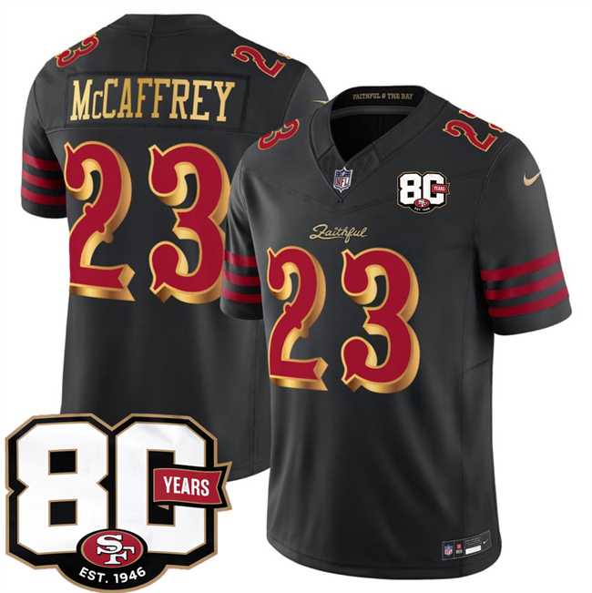 Mens San Francisco 49ers #23 Christian McCaffrey Black 80th Anniversary Patch Rivalries 2026 F.U.S.E. Vapor Untouchable Limited Stitched Jersey Dzhi