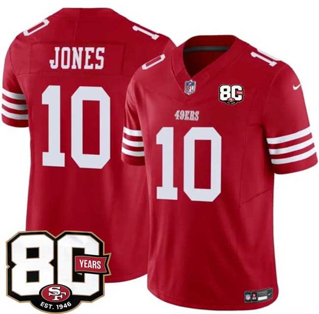 Mens San Francisco 49ers #10 Mac Jones Red 80th Anniversary Patch 2026 F.U.S.E. Vapor Untouchable Limited Stitched Jersey Dzhi
