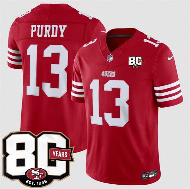 Mens San Francisco 49ers #13 Brock Purdy Red 80th Anniversary Patch 2026 F.U.S.E. Vapor Untouchable Limited Stitched Jersey Dzhi
