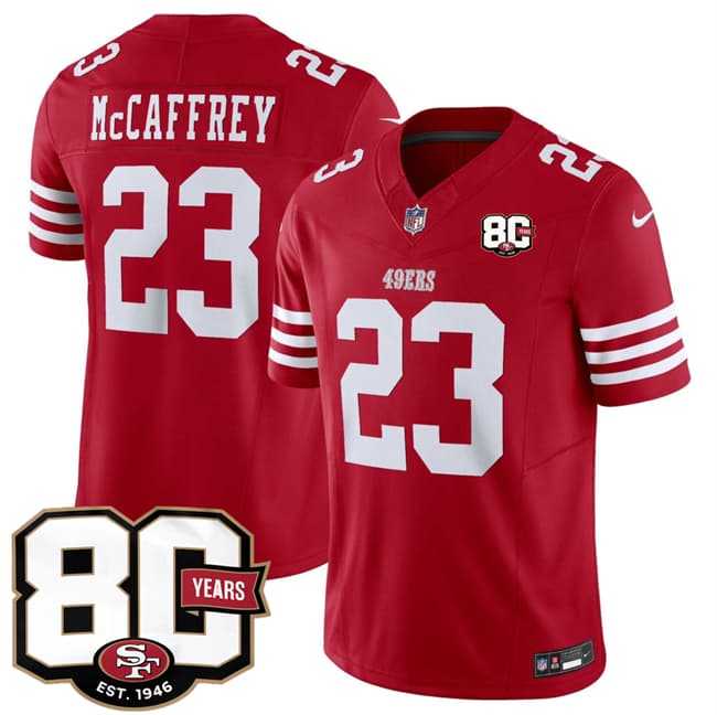 Mens San Francisco 49ers #23 Christian McCaffrey Red 80th Anniversary Patch 2026 F.U.S.E. Vapor Untouchable Limited Stitched Jersey Dzhi