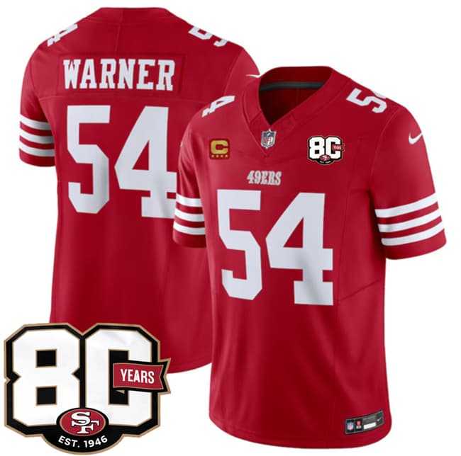 Mens San Francisco 49ers #54 Fred Warner Red 80th Anniversary Patch And 4-Star C Patch 2026 F.U.S.E. Vapor Untouchable Limited Stitched Jersey Dzhi