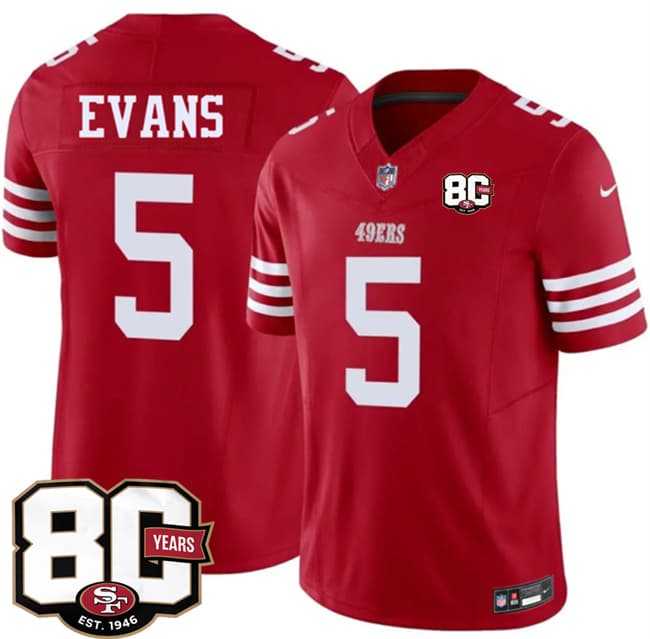 Mens San Francisco 49ers #5 Mike Evans Red 80th Anniversary Patch 2026 F.U.S.E. Vapor Untouchable Limited Stitched Jersey Dzhi->->