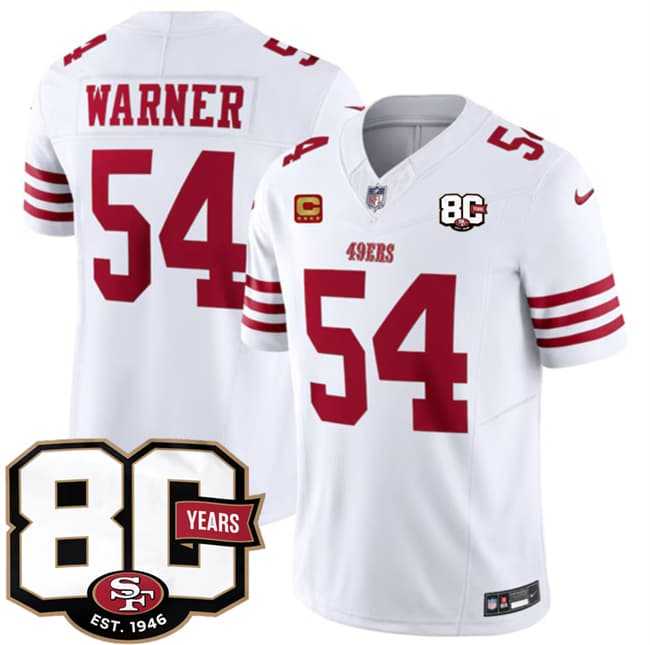 Mens San Francisco 49ers #54 Fred Warner White 80th Anniversary Patch And 4-Star C Patch 2026 F.U.S.E. Vapor Untouchable Limited Stitched Jersey Dzhi