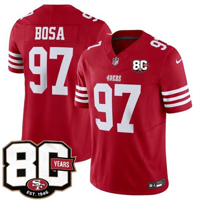 Mens San Francisco 49ers #97 Nick Bosa Red 80th Anniversary Patch 2026 F.U.S.E. Vapor Untouchable Limited Stitched Jersey Dzhi