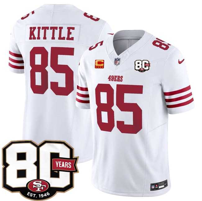 Mens San Francisco 49ers #85 George kittle White 80th Anniversary Patch And 4-Star C Patch 2026 F.U.S.E. Vapor Untouchable Limited Stitched Jersey Dzhi