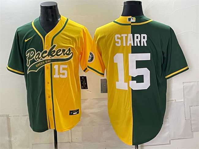 Mens Green Bay Packers #15 Bart Starr Green Gold Split Cool Base Stitched Baseball Jersey Dzhi