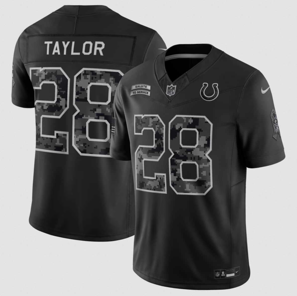 Mens Indianapolis Colts #28 Jonathan Taylor Black 2026 F.U.S.E. Salute to Service Limited Stitched Jersey
