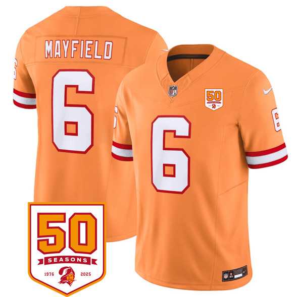 Men & Women & Youth Tampa Bay Buccaneers #6 Baker Mayfield Orange 2025 F.U.S.E. 50th Anniversary Patch Vapor Untouchable Limited Stitched Jersey
