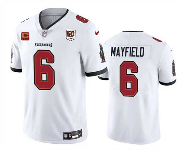Men & Women & Youth Tampa Bay Buccaneers #6 Baker Mayfield White 2025 50th Anniversary Patch And 4-Star C Patch Vapor Untouchable Limited Stitched Jersey