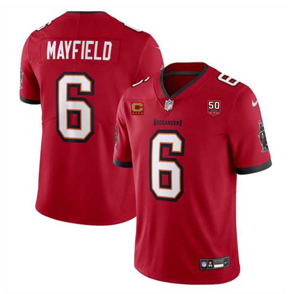 Men & Women & Youth Tampa Bay Buccaneers #6 Baker Mayfield Red 2025 50th Anniversary Patch And 4-Star C Patch Vapor Untouchable Limited Stitched Jersey