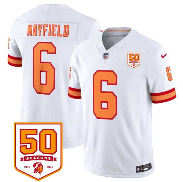 Men & Women & Youth Tampa Bay Buccaneers #6 Baker Mayfield White 2025 F.U.S.E. 50th Anniversary Patch Vapor Untouchable Limited Stitched Jersey