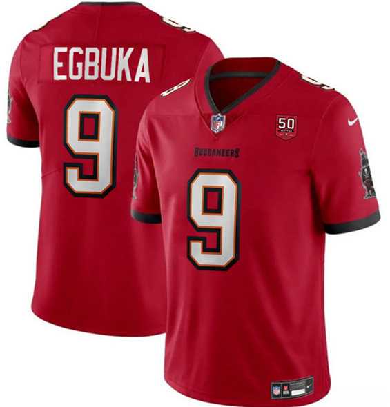 Men & Women & Youth Tampa Bay Buccaneers #9 Emeka Egbuka Red 2025 Draft 50th Anniversary Patch Vapor Untouchable Limited Stitched Jersey