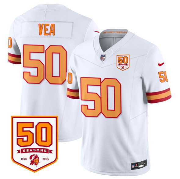 Men & Women & Youth Tampa Bay Buccaneers #50 Vita Vea White 2025 F.U.S.E. 50th Anniversary Patch Vapor Limited Stitched Jersey