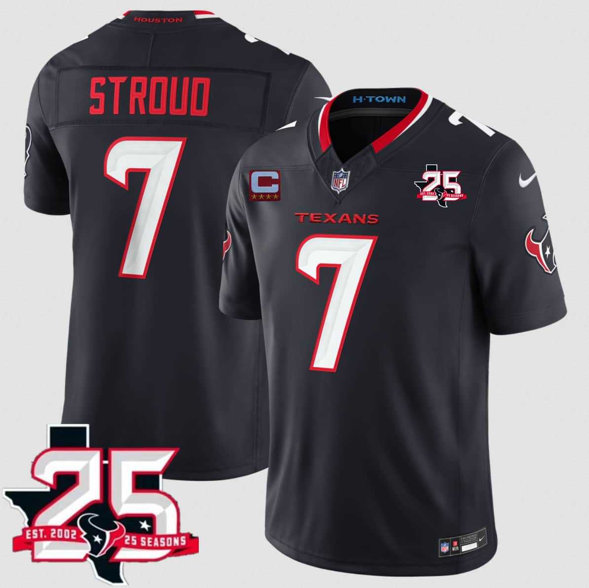 Mens Houston Texans #7 C.J. Stroud Navy 2nd Alternate 2026 With 25th Anniversary Patch And 4-Star C Patch F.U.S.E. Vapor Limited Stitched Jersey