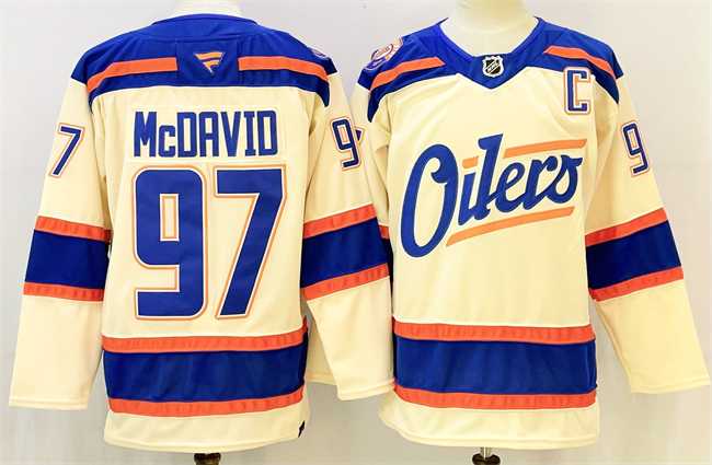 Mens Edmonton Oilers #97 Connor McDavid Light Beige 2025 Alternate With C Patch Stitched Hockey Jersey->->