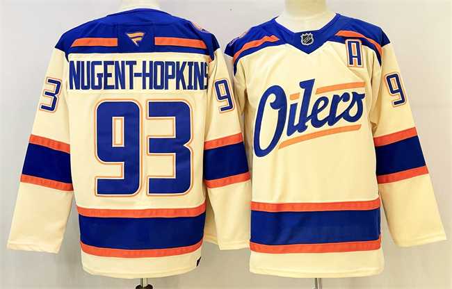 Mens Edmonton Oilers #93 Ryan Nugent-Hopkins Light Beige 2025 Alternate With A Patch Stitched Hockey Jersey->->