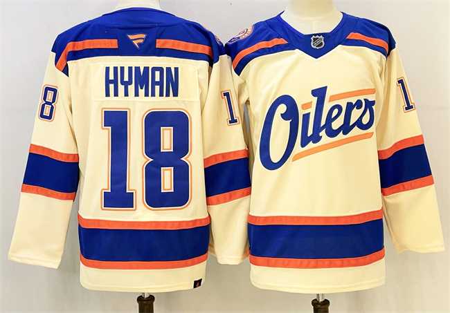 Mens Edmonton Oilers #18 Zach Hyman Light Beige 2025 Alternate Stitched Hockey Jersey->->