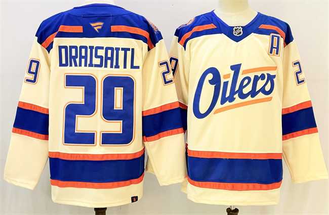 Mens Edmonton Oilers #29 Leon Draisaitl Light Beige Alternate With A Patch Stitched Hockey Jersey->->