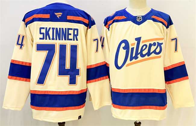 Mens Edmonton Oilers #74 Stuart Skinner Light Beige 2025 Alternate Stitched Hockey Jersey->->