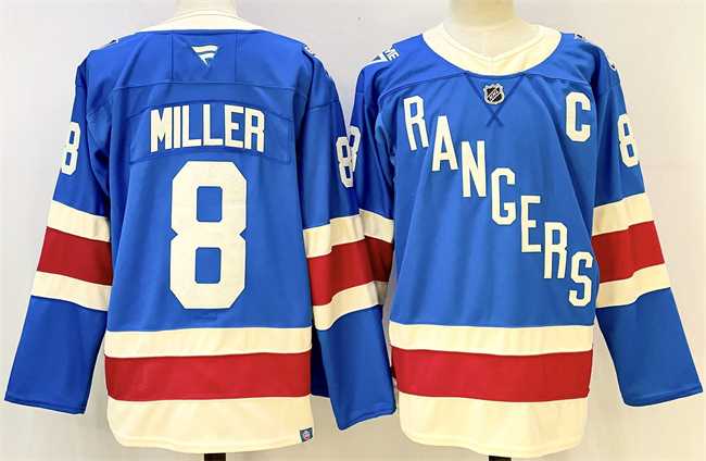 Mens New York Rangers #8 JT Miller Blue 2025 With C Patch Stitched Hockey Jersey->->