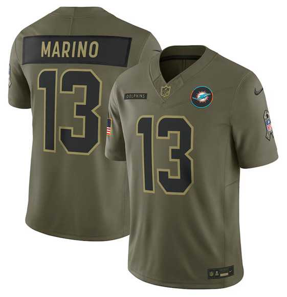 Mens Miami Dolphins #13 Dan Marino Olive 2025 Salute to Service Limited Stitched Jersey Dyin