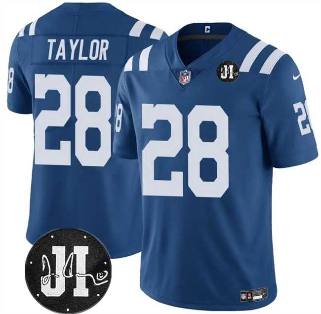 Men & Women & Youth Indianapolis Colts #28 Jonathan Taylor Blue Jim Irsay Patch Vapor Limited Stitched Jersey->->