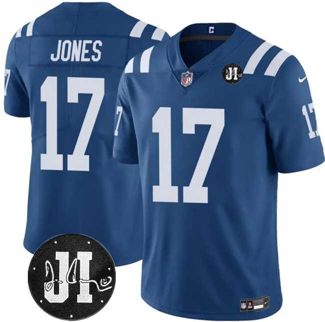 Men & Women & Youth Indianapolis Colts #17 Daniel Jones Blue Jim Irsay Patch Vapor Limited Stitched Jersey->->
