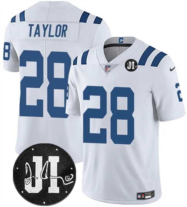 Men & Women & Youth Indianapolis Colts #28 Jonathan Taylor White Jim Irsay Patch Vapor Limited Stitched Jersey->->