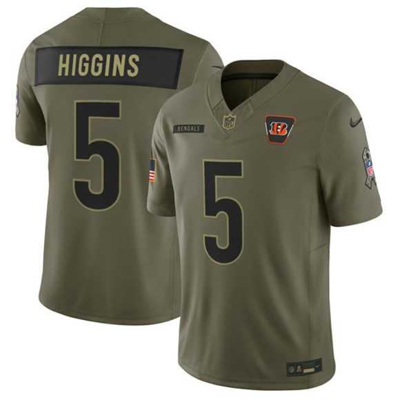 Mens Cincinnati Bengals #5 Tee Higgins Olive 2025 Salute to Service Limited Stitched Jersey Dyin