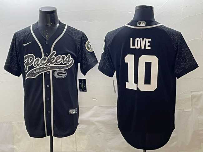 Mens Green Bay Packers #10 Jordan Love Black Reflective With Patch Cool Base Stitched Baseball Jersey->->