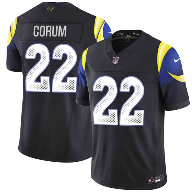 Mens Los Angeles Rams #22 Blake Corum midnight blue 2025 F.U.S.E. Rivalries Vapor Limited Stitched Jersey->->